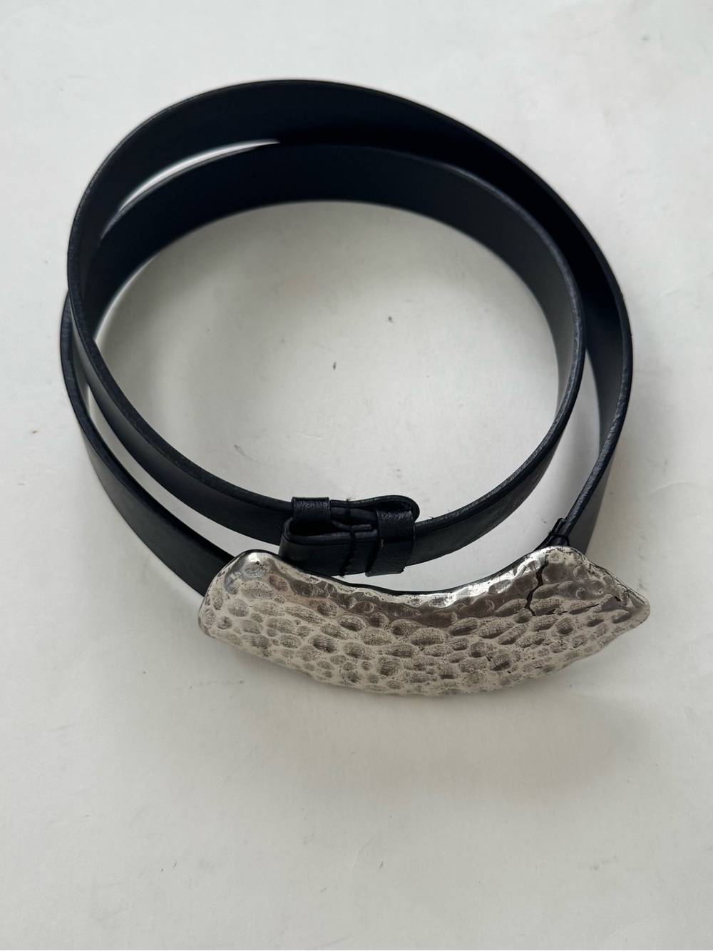 Chico's Black Genuine Leather Belt Hammered Silver Statement Buckle M/L Boho